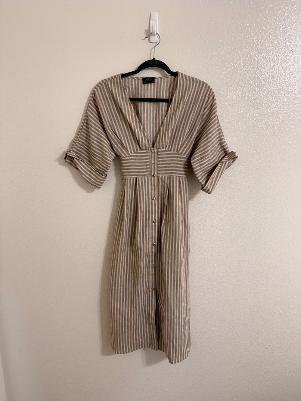 Striped Tan and White Button-Front Midi Dress with Waistband